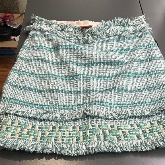 Tory Burch Teal Tweed Skirt with Fringe - Picture 2 of 3